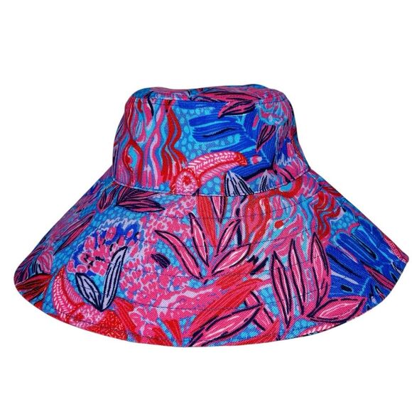 Lilly Pulitzer Sun Hat Ruby Red Wild Times Pink Blue Wide Brim Tropical Beachy - Picture 1 of 14